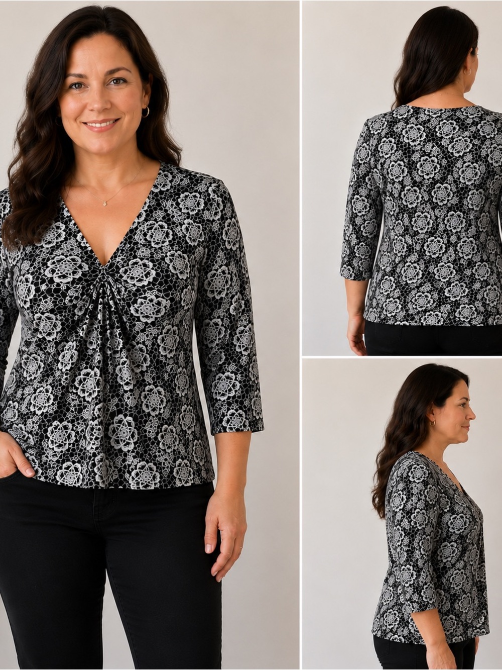 Briggs New York Black & White Floral V-Neck Twist-Front Blouse